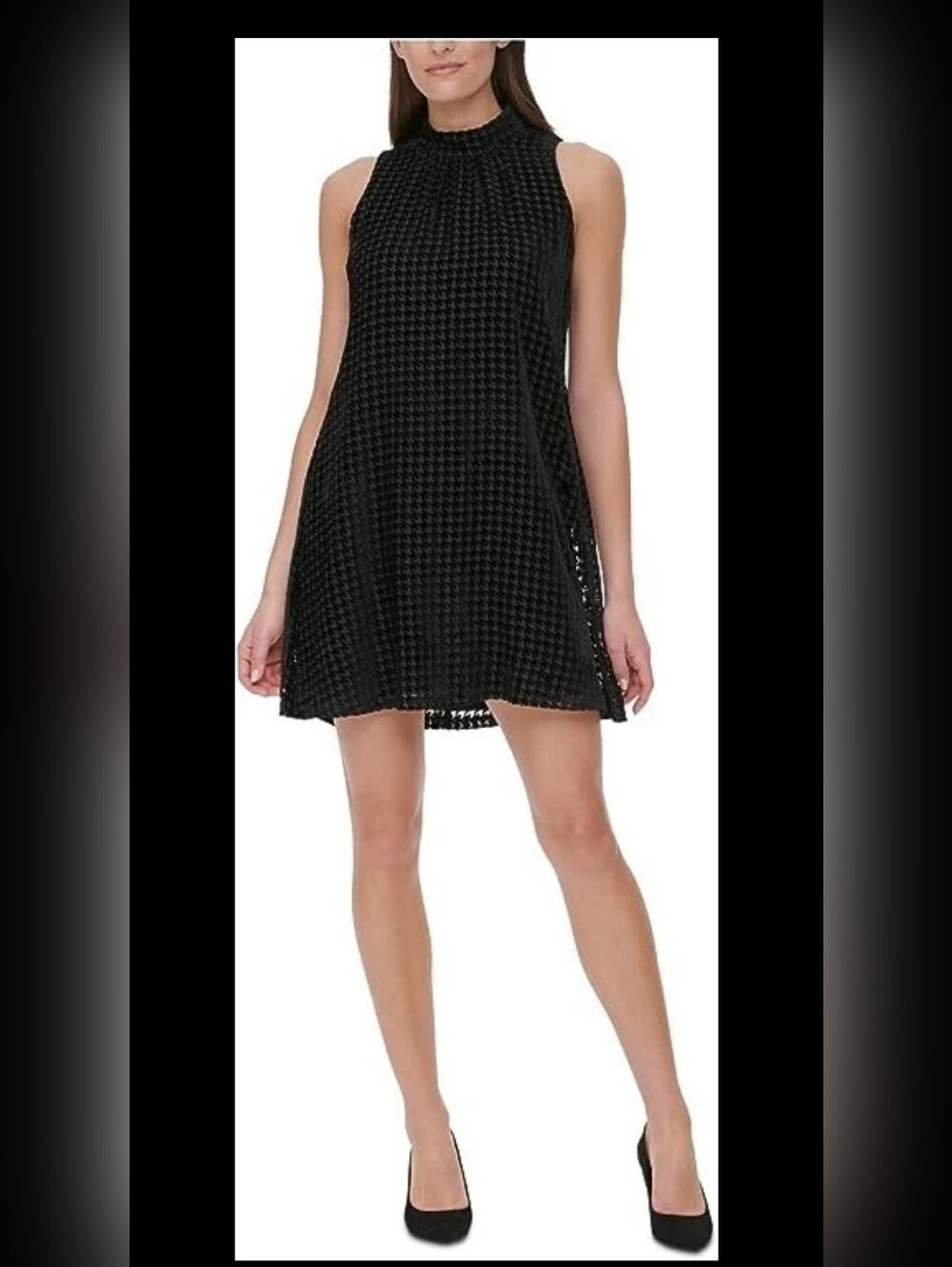 Tommy Hilfiger Black Velvet Houndstooth Mini Dress High Neck Preppy Old Money 4